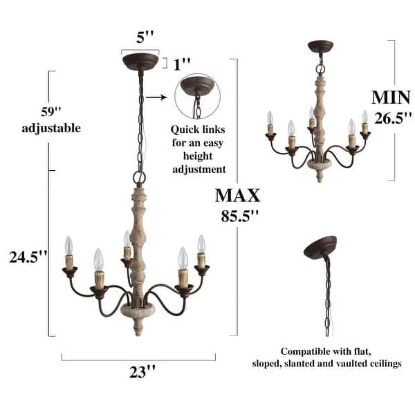 LALUZ Farmhouse 5-Light Wood Chandelier French Country Classic Candle Light