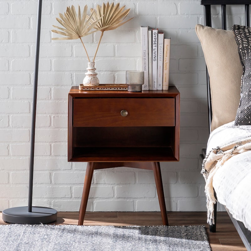 Mid-Century Modern Single-Drawer Solid Wood Nightstand for Living Room, Bedroom and Office