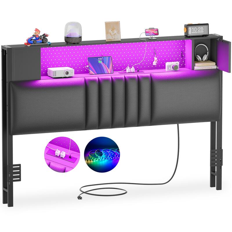 Upholstered Headboard with Storage Shelf and Small Cabinet, Headboard Power Outlet and LED Light