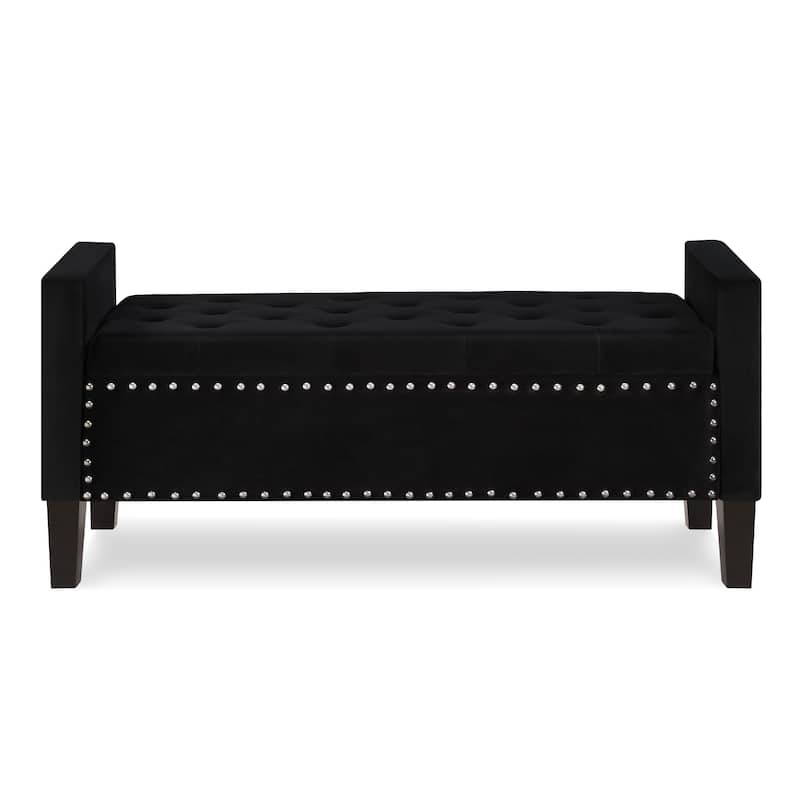 Velvet Storage Ottoman Bench with Armrests, Tufted Upholstered End of Bed Bench with Nailhead Trim for Bedroom, Entryway
