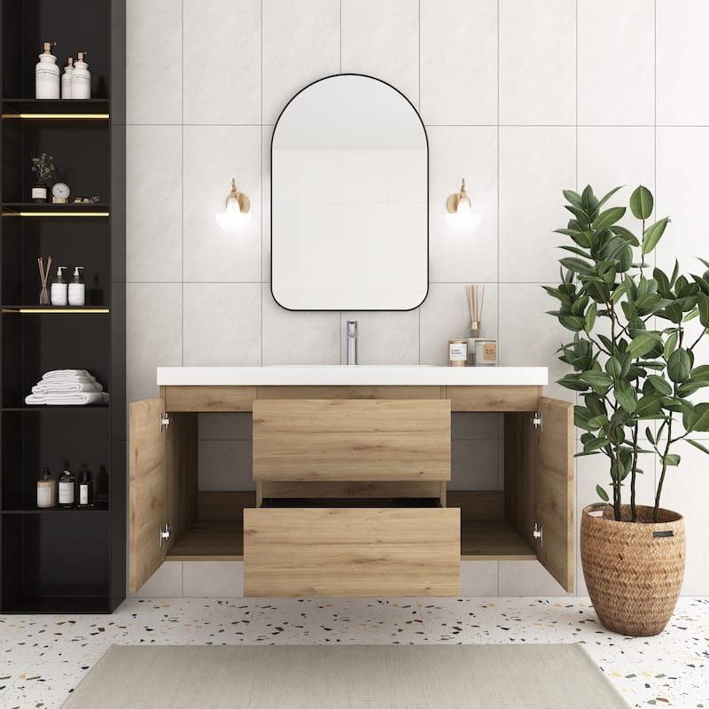 Angela Wall Mounted Bathroom Vanity in F. Oak with White Cultured Marble Top