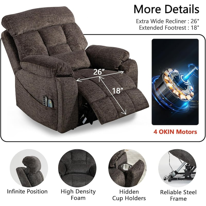 Luxury Electric Lift Recliner with Heat, Massage, 180° Recline, 4 OKIN Motors, Dual Remotes, and Cup Holders. - Dark Brown