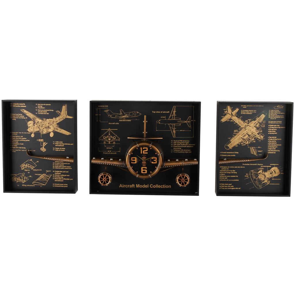 Metal Airplane Decorative Wall Clock with Black Frame and Gold Illustrations - Set of 3 Copper - Roche River Decor