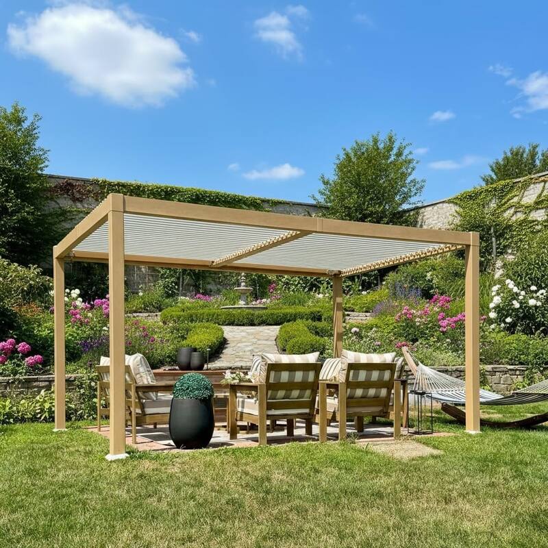 PURPLE LEAF Louvered Pergola Sun Shade Shelter with Adjustable Metal Roof for Patio Hardtop Pergola - 10' x 14' - Wood Grain