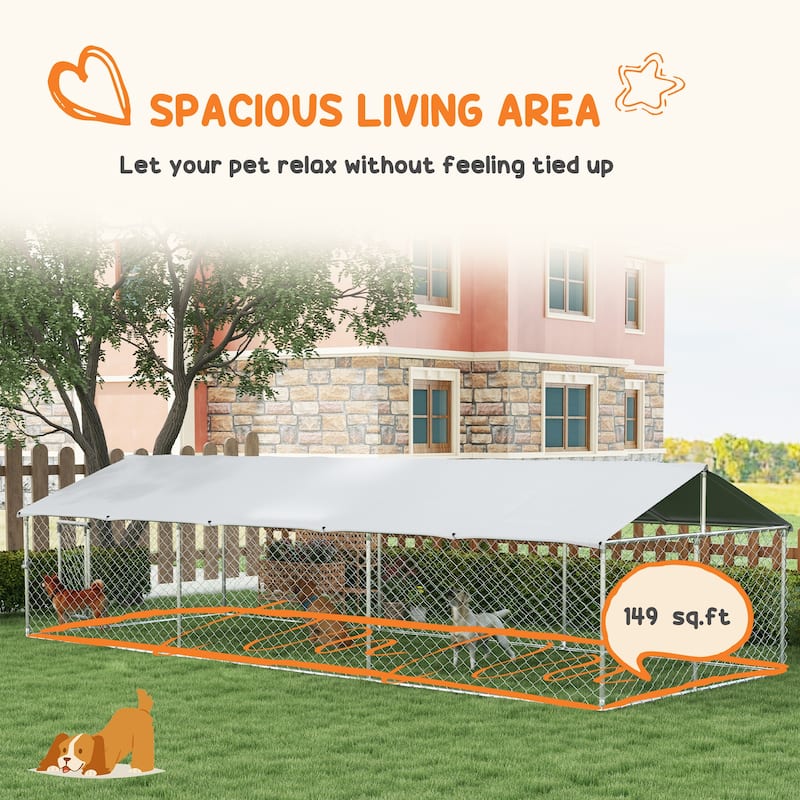 PawHut Large Dog Kennel Outside, Heavy Duty Dog Cage with Waterproof Cover, Outdoor Fence Dog Run