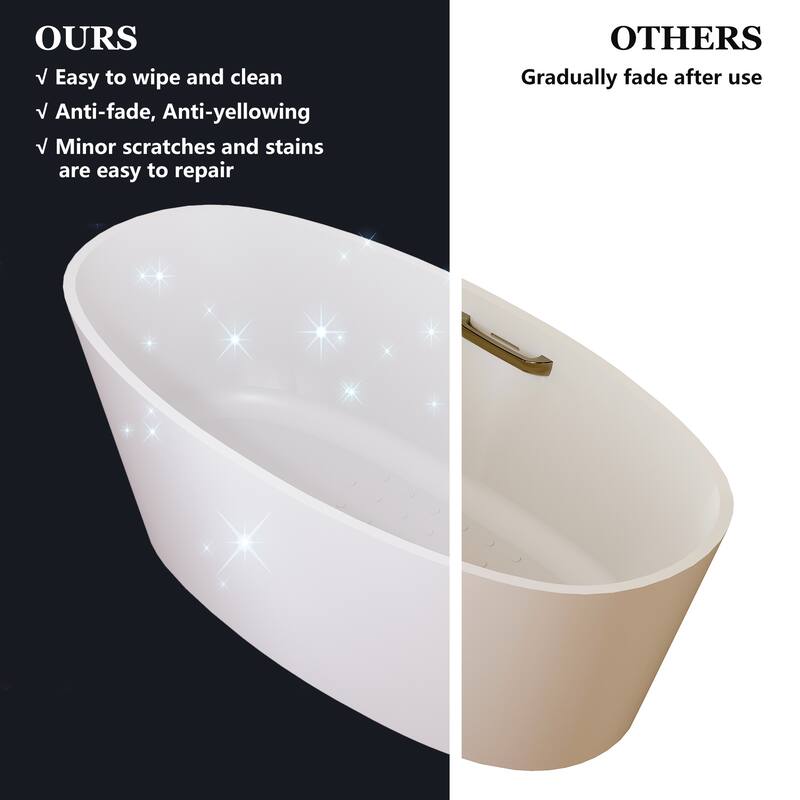 63 in. x 30 in. Solid Surface Stone Resin Freestanding Soaking Bathtub in. White with Tub Grab Bar and Drain Assembly