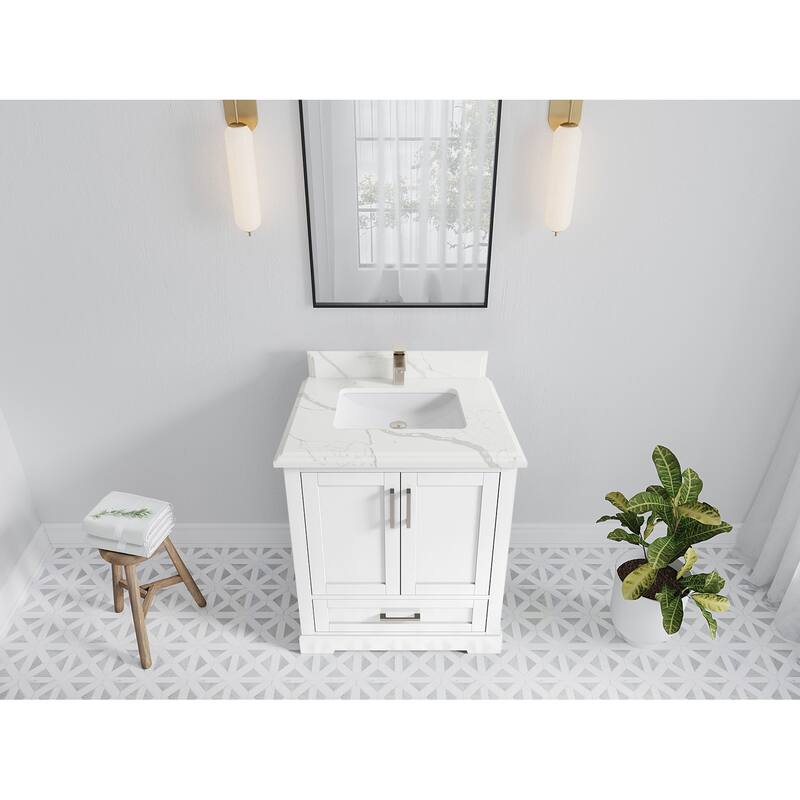 Willow Collection 30 in W x 22 in D x 36 in H Reeded Boston Single Bowl Sink Bathroom Vanity with Quartz or Marble Countertop - 1.5"Calacatta - White