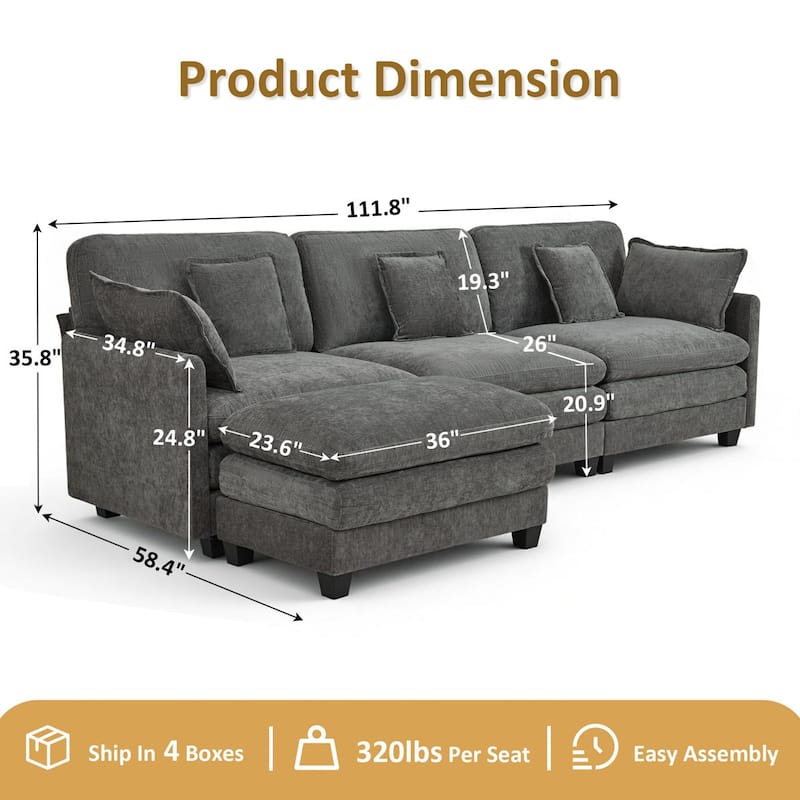 MCombo 111.8'' Modular Sectional Sofa Couch with Reversible Ottoman for Living Room, L Shaped Sofa, FSC Certified