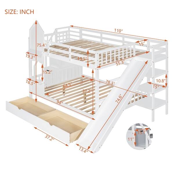 dimension image slide 0 of 4, Bunk Bed with 2 Drawers & 3 Shelves, Castle Style Bedframe with Slide for Kids Boys/Girls/Teens