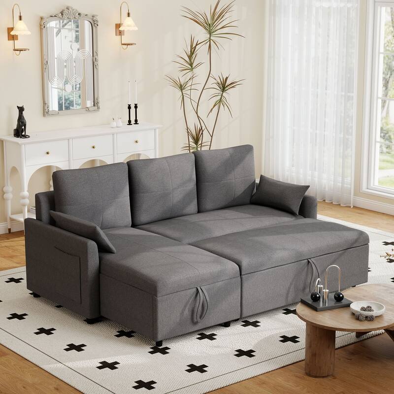 L-Shaped Reversible Sectional Sleeper Sofa with Storage Chaise & Pull-Out Bed