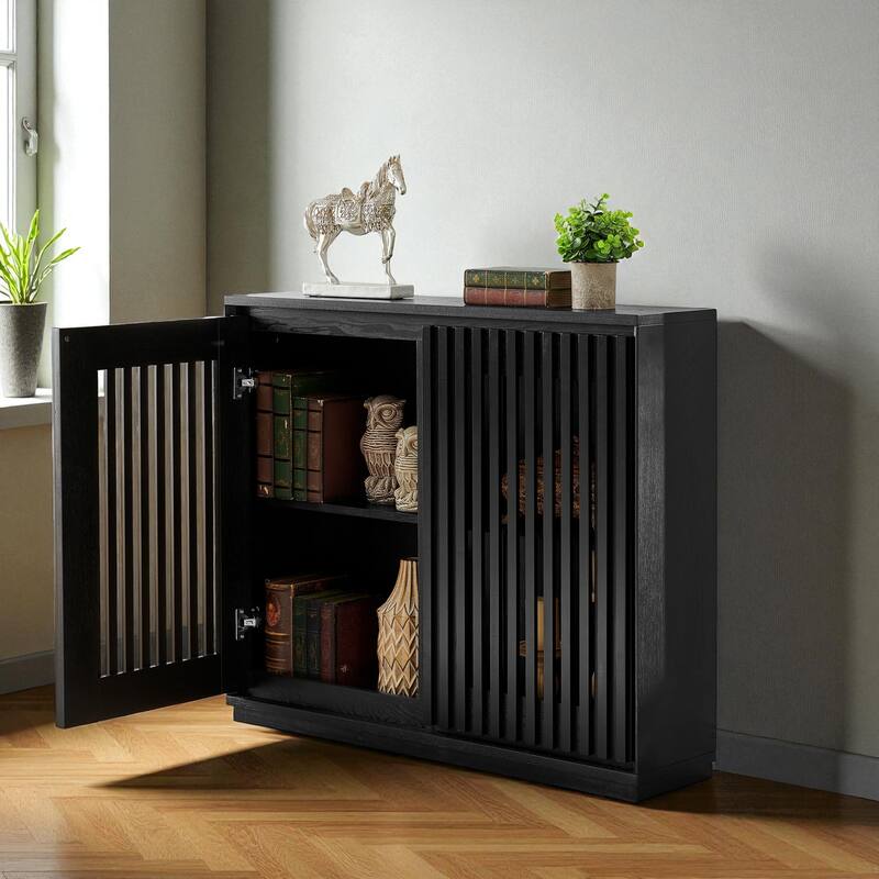 Mid-Century Modern Fluted Sideboard Cabinet with Outlet Holes, Solid Wood Buffet Storage Cabinet for Living Room