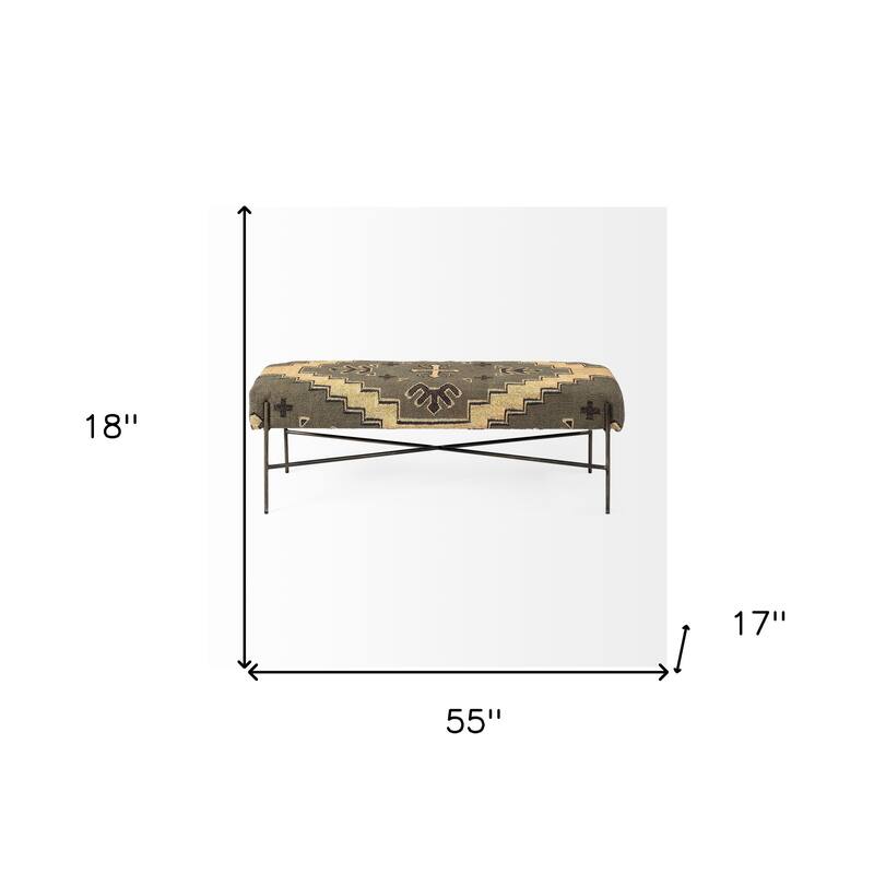 HomeRoots 55" Green Brown and Black Upholstered Abstract Cotton Blend Bench - 55