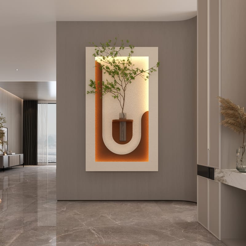 Adjustable 3-Color LED Sandstone Wall Decor with Simulated Green Plants, Glass Vase & Rabbit Statue, Remote Control Light Strips
