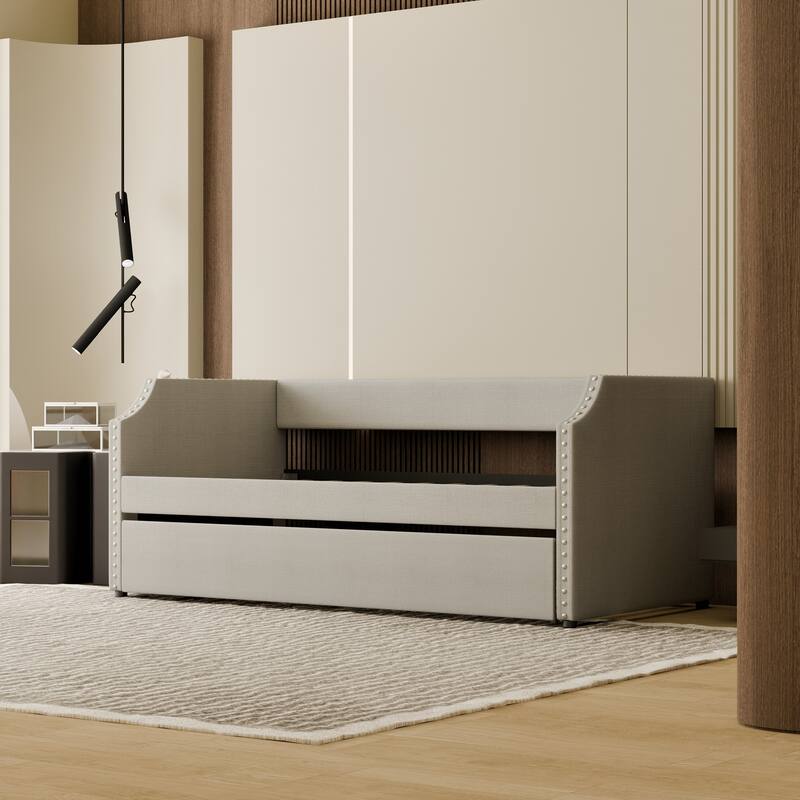 Modern Twin Size Upholstered Daybed with Trundle, Light Gray Fabric Sofa Bed with Plywood Slats and Nailhead Trim