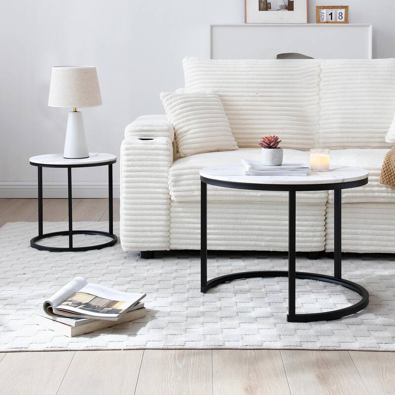 Anmytek Nested Round Side Tables Marble Look Top Black Metal Accent Coffee Table Set for Living Room