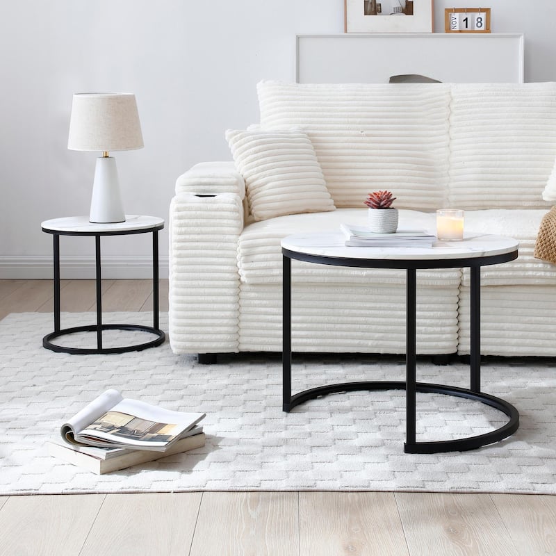 Versatile Nesting Coffee Table Set of 2 with Round Wooden Top and Metal Frame Base Modern Simple Side Table End Table Nightstand - White