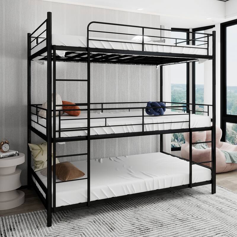Heavy-Duty Triple Frame Bed With Built-In Ladder And Full-Length Railing, Floor Safe For Children/Teens, No Springs Required