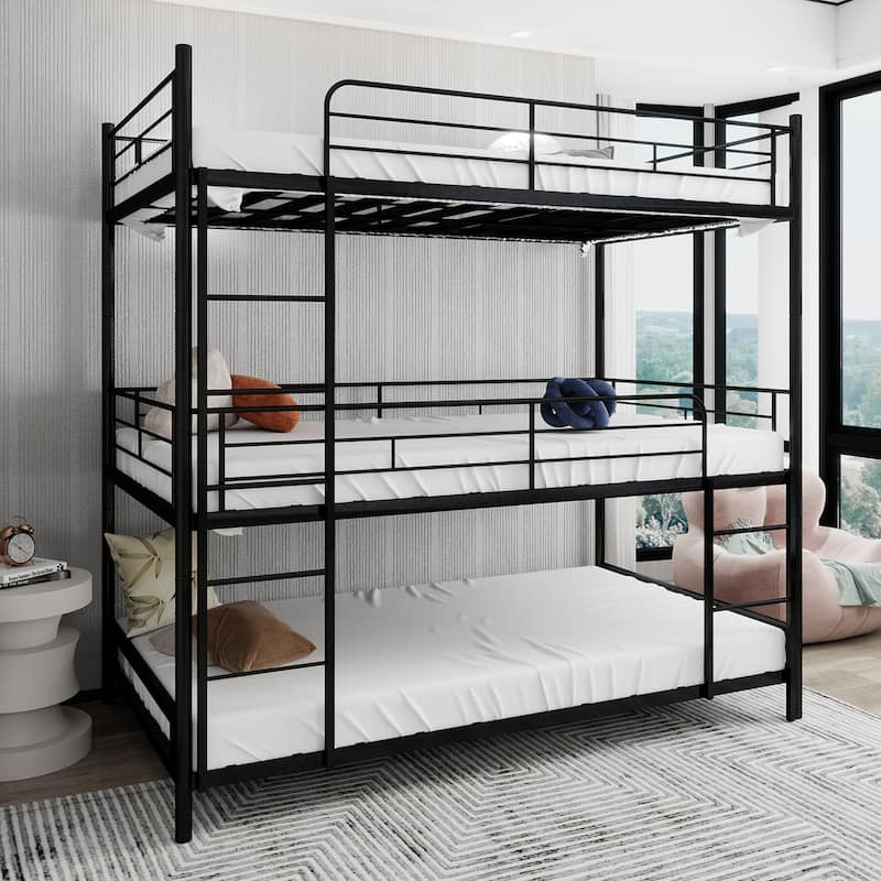 Heavy-duty Triple Bunk Bed with Ladder and Safety Rails, Space-Saving Design, Easy Assembly, No Springs Needed