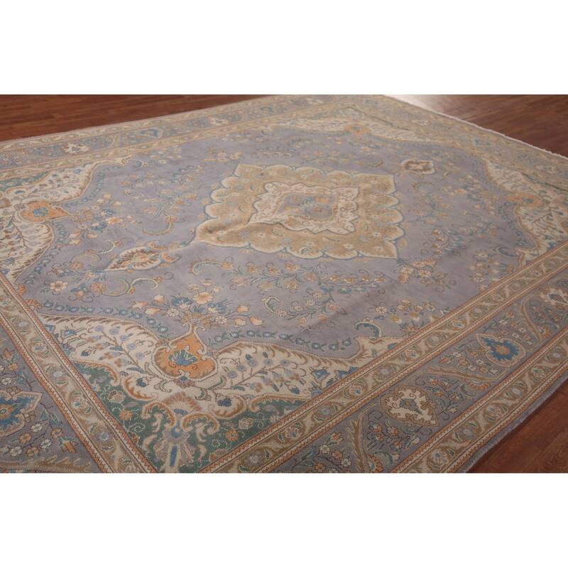 Tabriz Persian Vintage Area Rug Hand-Knotted Blue Wool Carpet - 9'10"x 12'9"