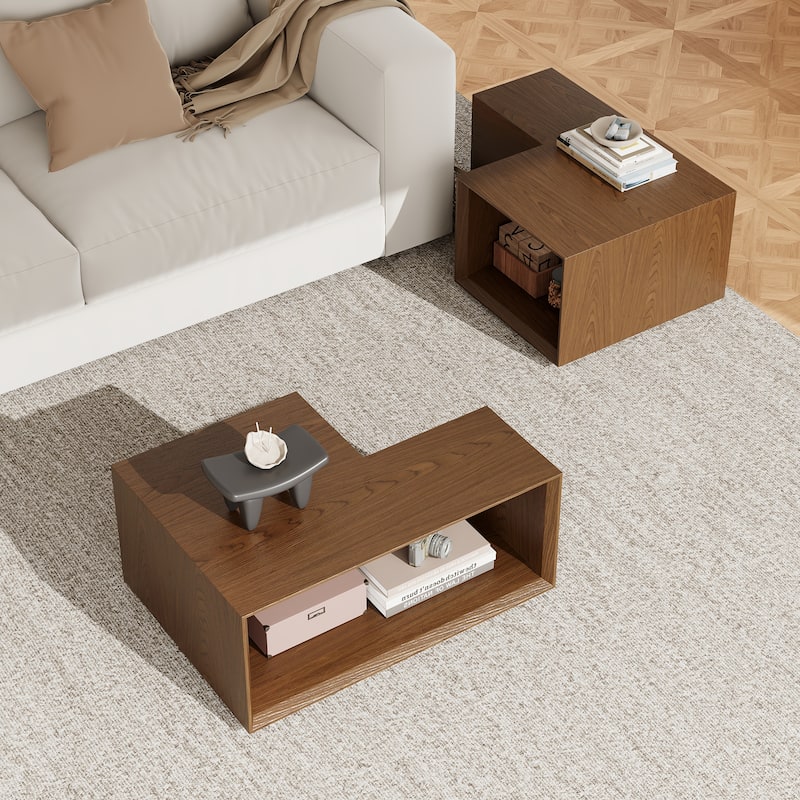 53.14" Mid Century Wood Coffee Table, Set of 2, Brown