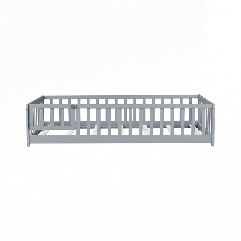 Rubber Wood Floor Bed with Safety Guardrails