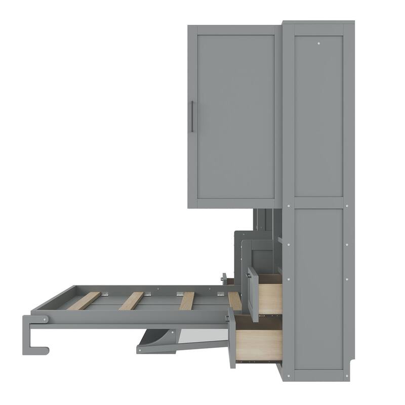 Superior Quality Full Size Murphy Bed Wall Bed with Closet, Drawers & Shelves, Multifunctional Space-Saving Solution, Gray