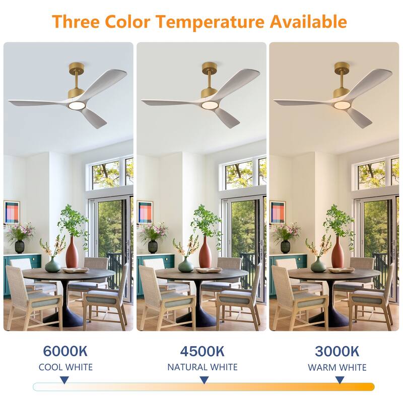 52 Inch 3 Rod Solid Wood Ceiling Fan With Light Kit Dimmable LED, DC 6 Speed ,Remote Control Ceiling Fan