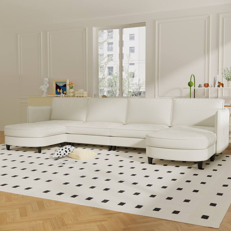 141.5'' 6 Seater U-Shaped Fabric Sofa with Ottoman, Arm Pockets, Beige, for Living