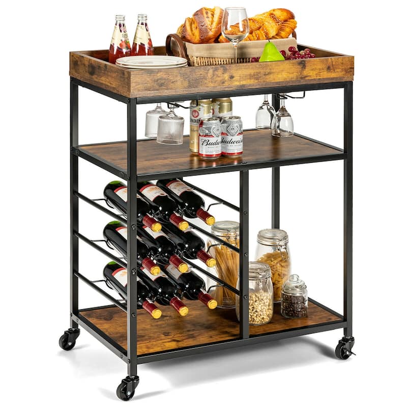 Gymax 3-Tier Rolling Kitchen Serving Cart Utility Trolley w/ Wine - See Details - Kitchen Cart - Rustic Brown+Black