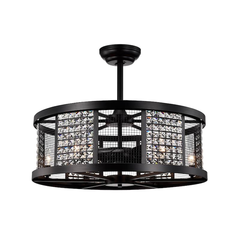Hania Matte Black Ceiling Fan 29-Inch 6-Light Geometric Metal & Crystal Drum Shade (Includes Remote)