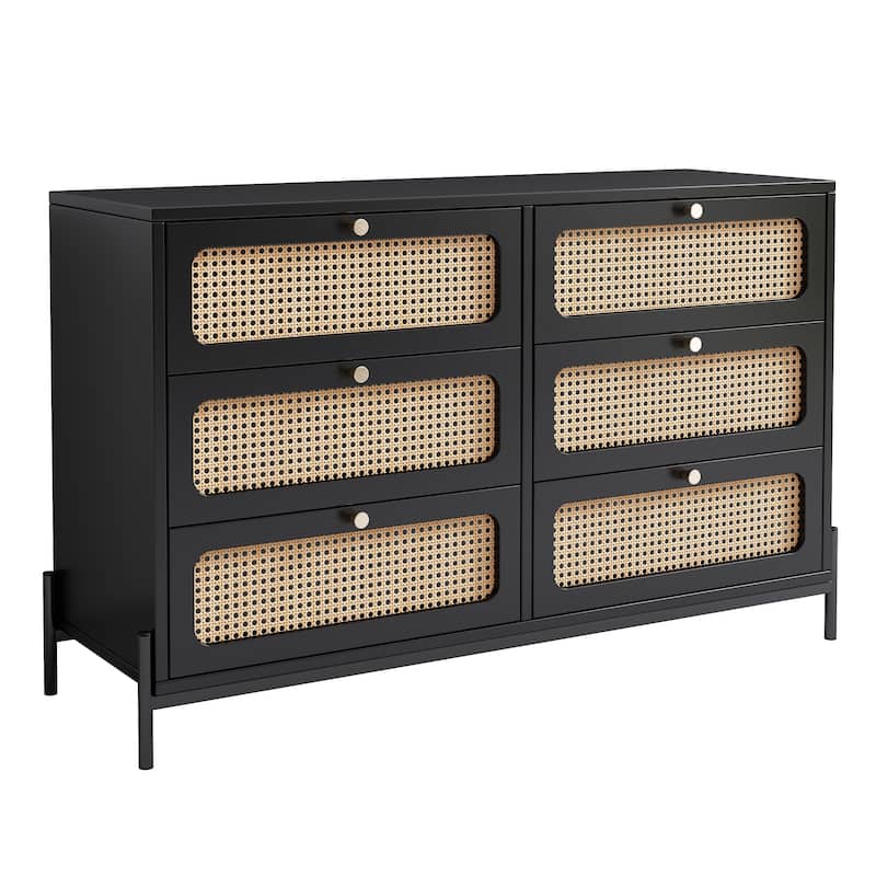Modern Rattan Dresser with Metal Legs and 6 Storage Drawers, Ideal for Bedroom, Living Room, or Entryway