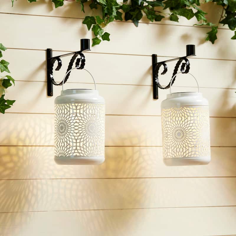 Glitzhome Set of 2 Metal Cutout Solar LED Outdoor Waterproof Hanging Lanterns