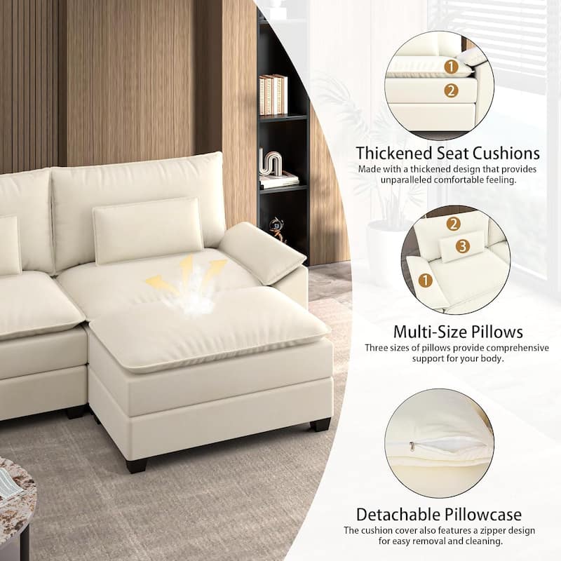 Kullavik Cloud Chenille L-Shaped Sofa, Modular Sectional Sofa with Ottoman, Throw Pillows and Double Layered Cushion