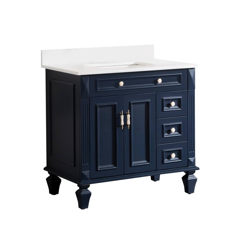 35'' H X 36'' W Solid Wood Bath Vanity with Stain-resistant Carrera Quartz Top and Single Sink