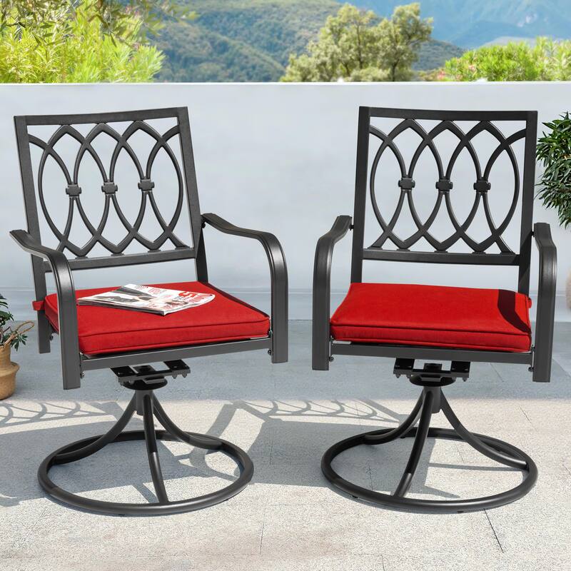 Outdoor 2-Piece Swivel Dining Chairs, 360-Degree Rotation and Red Cushions - Black & Red