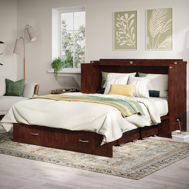 Aspen Queen Murphy Bed Chest with 6" Mattress, Storage Drawer & Built-In Charger in Walnut