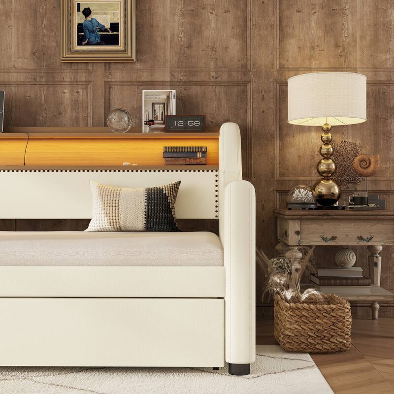 Modern Twin Daybed with Trundle, USB Charging & LED Lights, White PU Leather