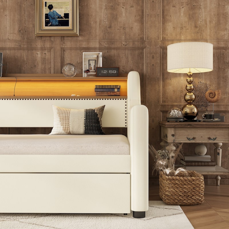 Twin Size Upholstered Daybed with Trundle,Charging Station and LED Lights