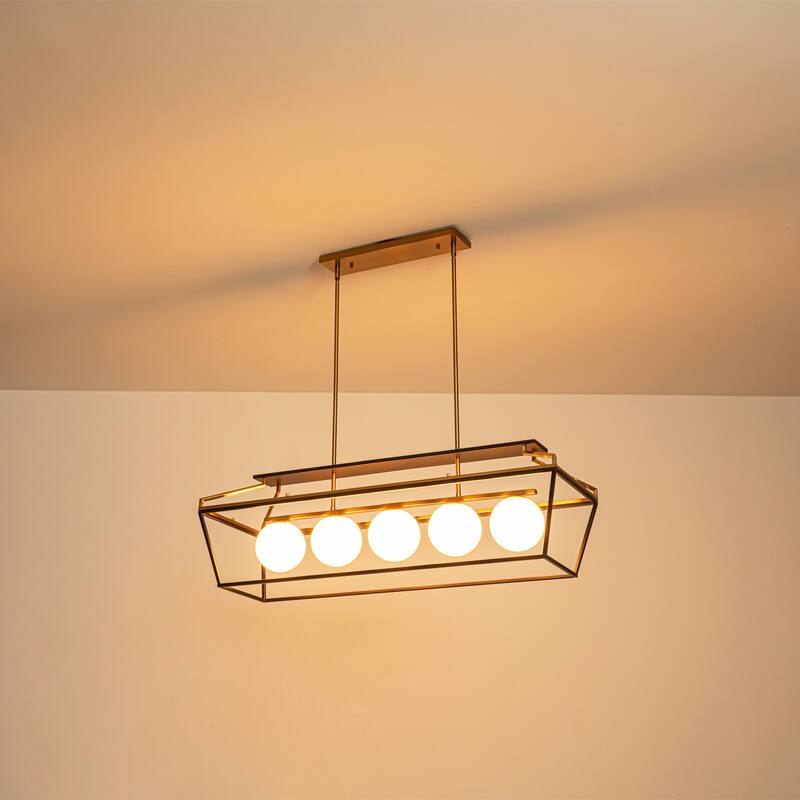 5-Light Modern Linear Chandelier in Matte Black and Brass Finish with Milky White Glass Globes for Dining Room or Kitchen Island