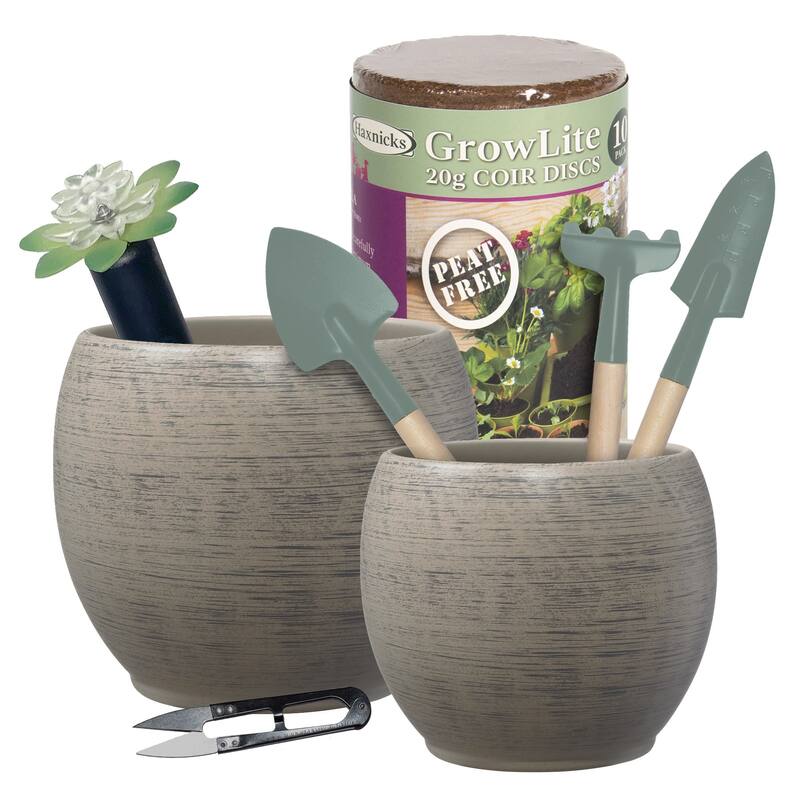 Alberta Fashion Brown Indoor Ceramic Plant Pot Kit with Soil Tools and Moisture Meter - 5.9" & 4.7" Dia - 5.9" & 4.7" Dia