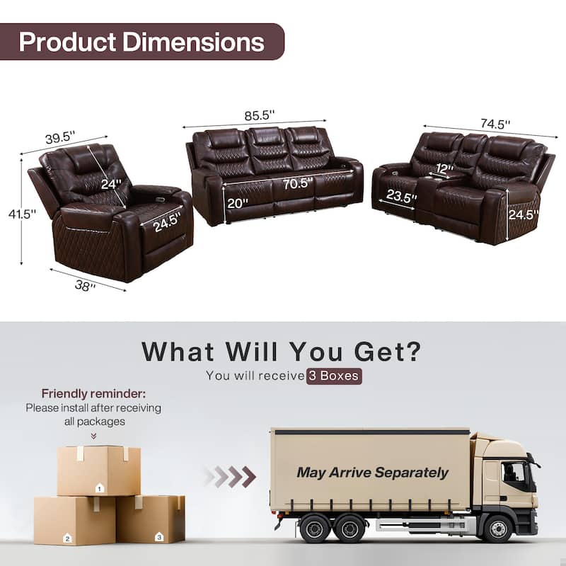 Breathing Leather 3-Piece Couch Recliner Sofa Set for Living Room