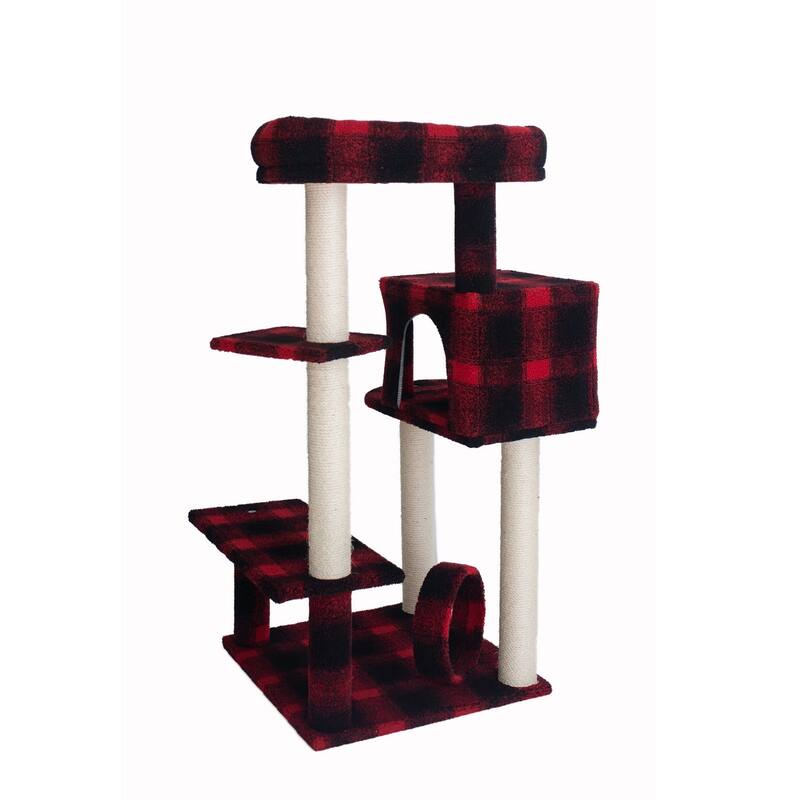 50-Inch Classic Real Wood Cat Tree With Veranda, Bench, Mini perch, and Spacious Lounger In Scotch Plaid