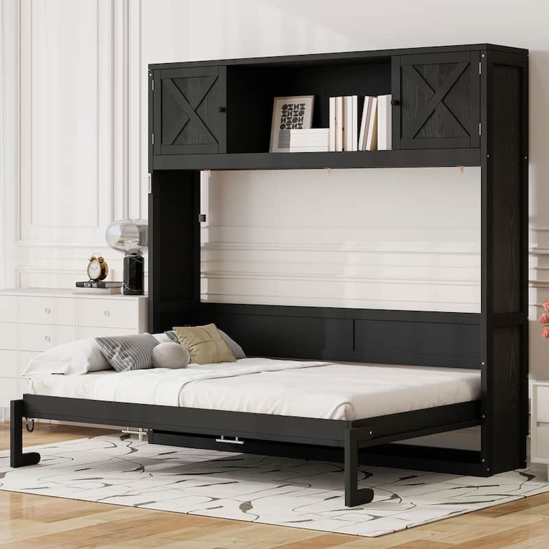 Full Size Murphy Bed With Storage Cabinets,There Are 3 Storage Cabinets On Top Of The Bed - Black