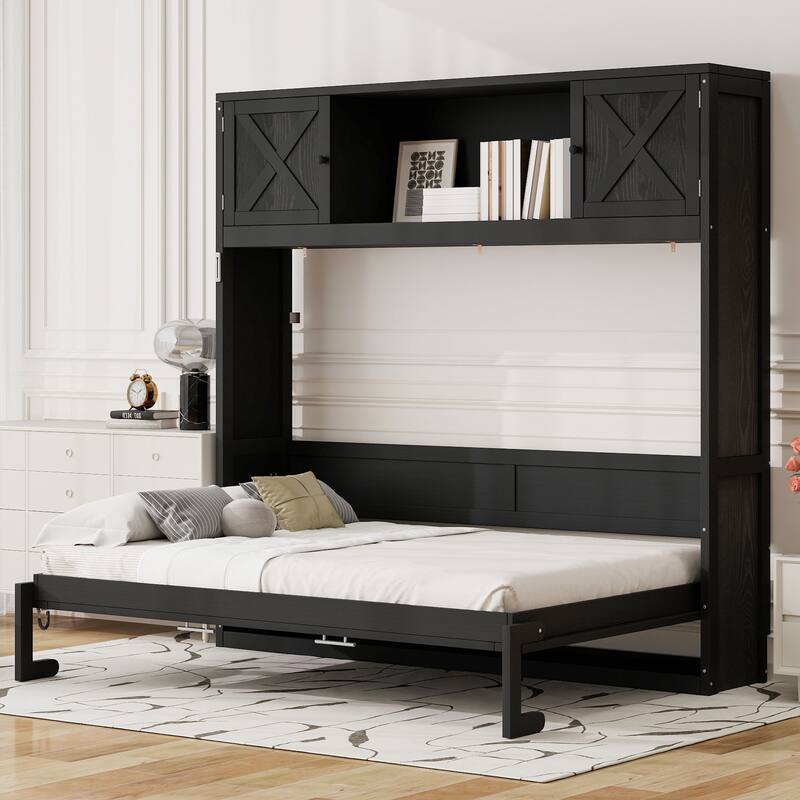 Full Size Murphy Bed with Storage Cabinets and Rustic Black Finish by Harper&Bright Designs - Black