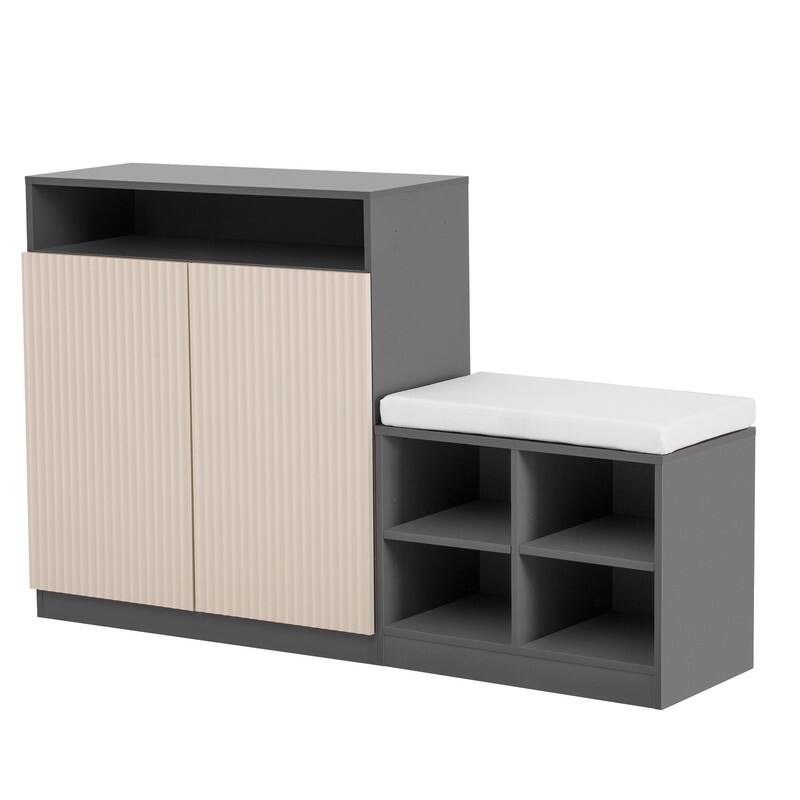Entryway Bench Cabinet With Cushion, 2 Doors and 3-Tier Adjustable Shelves for Entryway Organization
