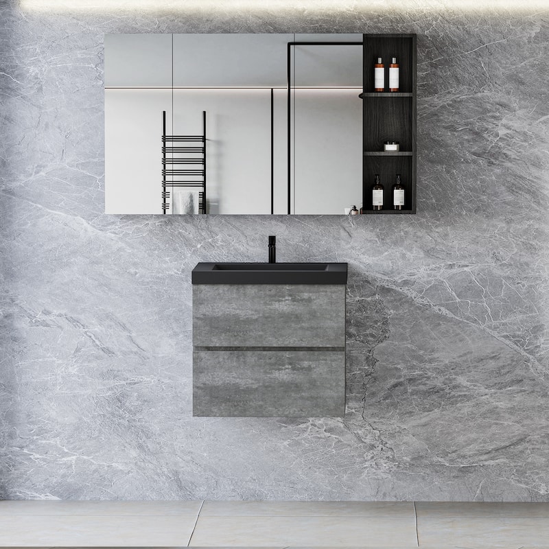 24"Bathroom Vanity with Sink,Wall-Mounted Bathroom Storage Vanity Cabinet with Black Quartz Sand Top Basin and Soft Close Drawer - Grey