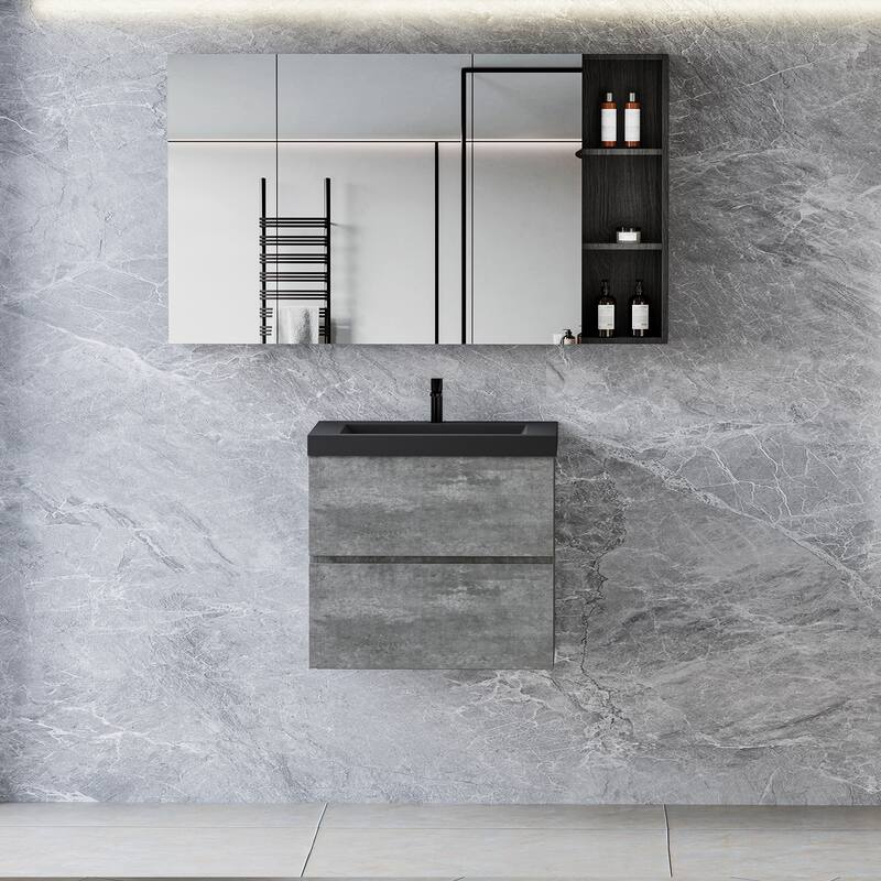 Wall-Mounted Bathroom Vanity with Gray Storage Cabinet, Matte Black Quartz Sand Sink, Soft-Close Hinges - 23.62in L Melamine - Grey