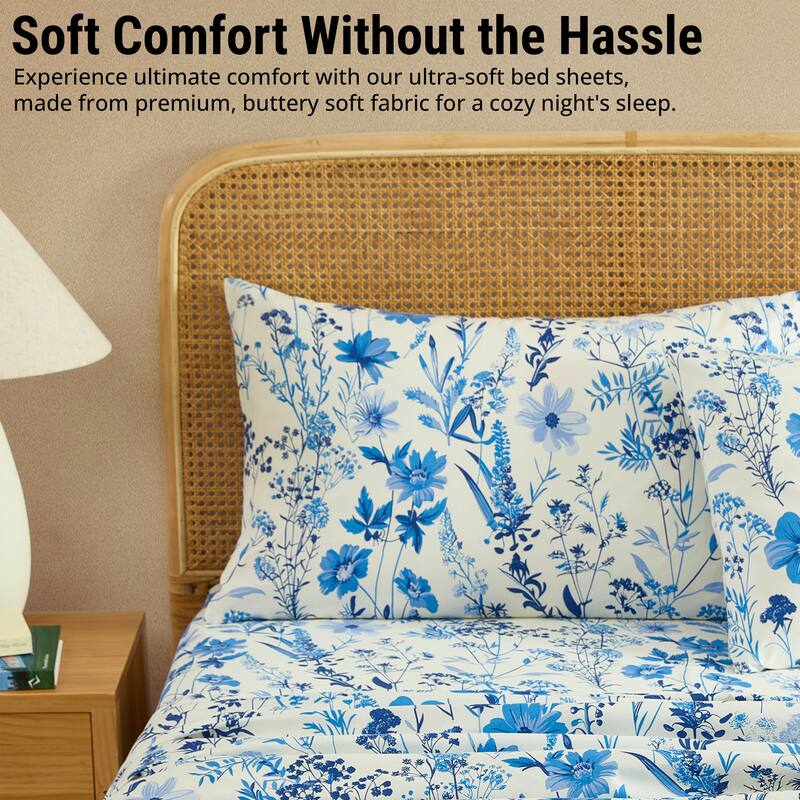 HLC.ME Floral Bed Sheets - Multi-Piece Bed Sheet Set - Wrinkle Resistant & Ultra Soft - Fits Mattresses up to 15 Inches Deep