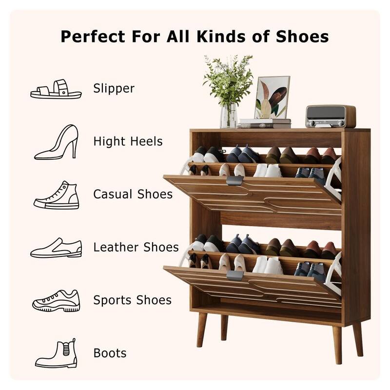 Modern 31.5 in Walnut Shoe Storage Cabinet with 2 Flip Drawers