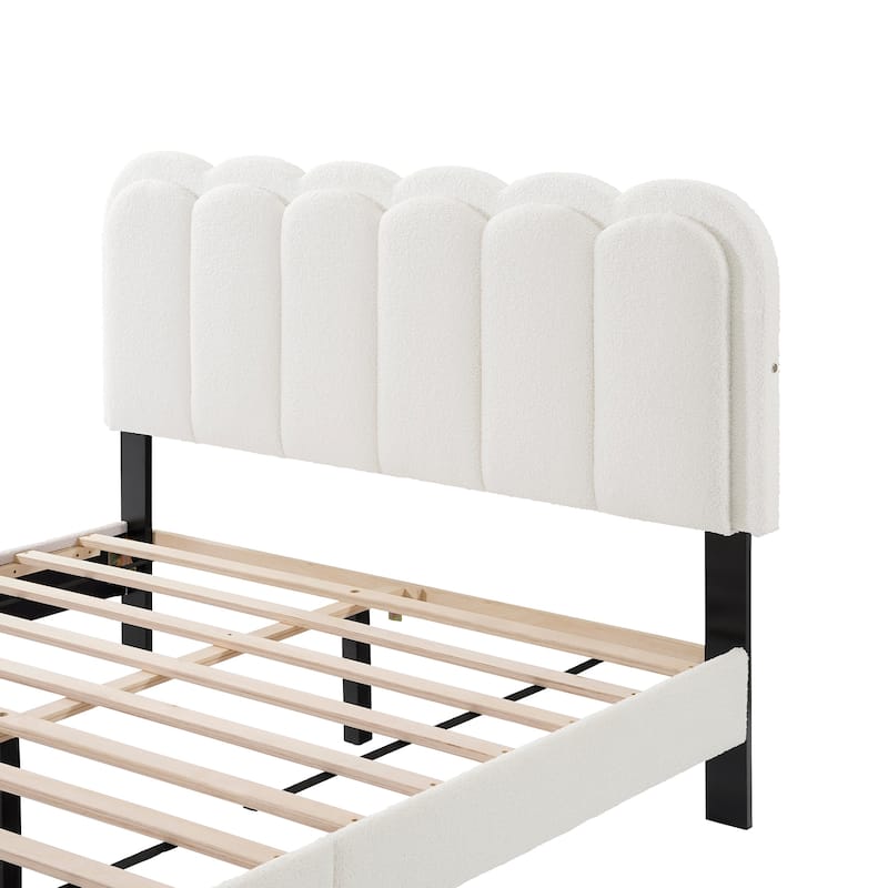 Queen Cream Lambswool Petal Headboard Bed Frame with Ambient Lighting, Silent Design, and Stable Structure